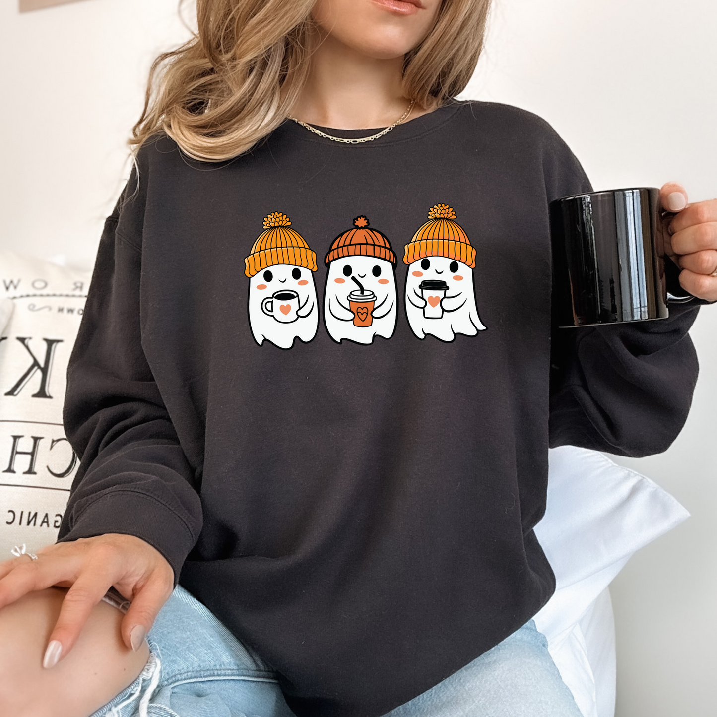 Ghost Coffee Crewneck Sweatshirt, Halloween Sweater, Fall Ghost, Cozy Sweater, Seasonal Sweatshirt