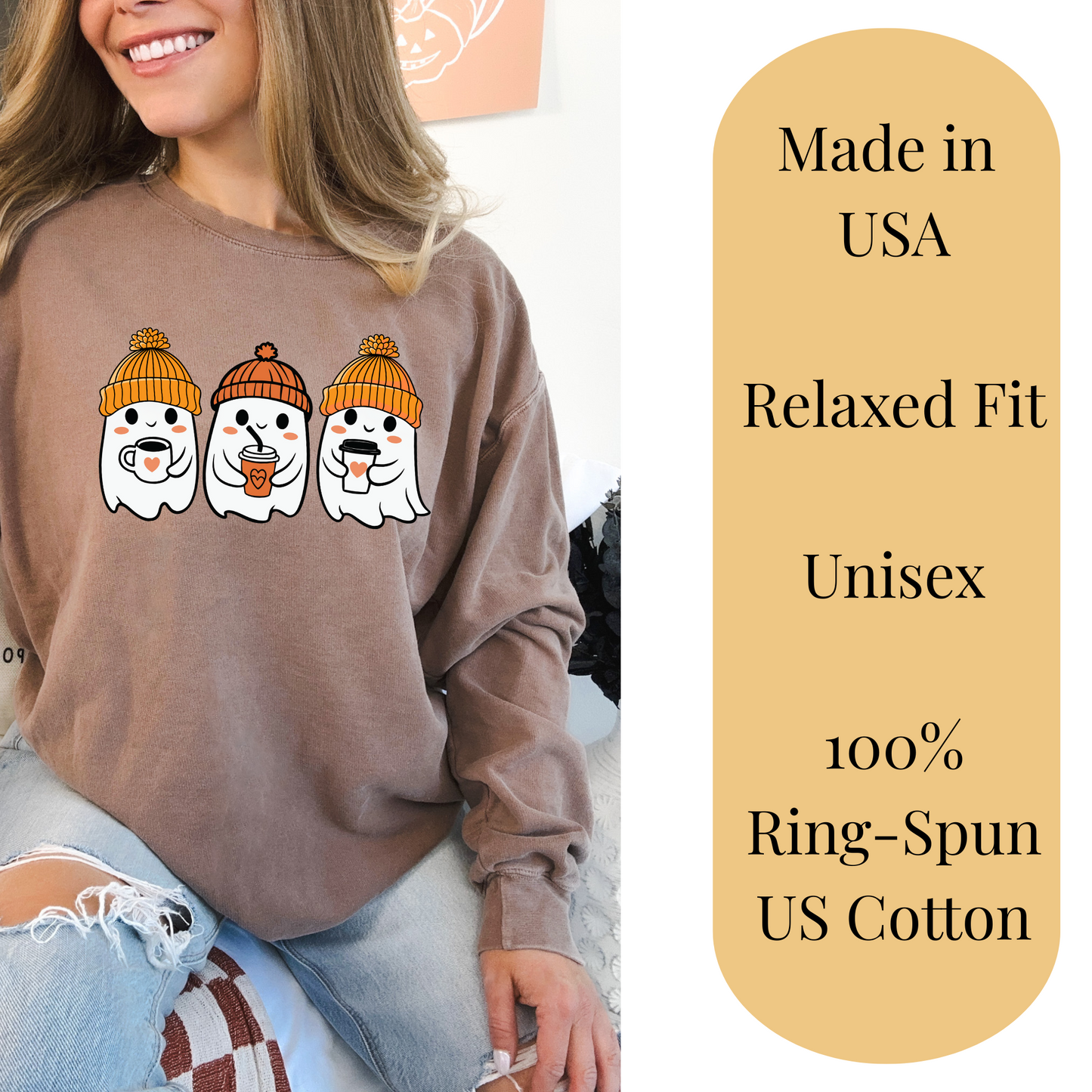 Ghost Coffee Crewneck Sweatshirt, Halloween Sweater, Fall Ghost, Cozy Sweater, Seasonal Sweatshirt