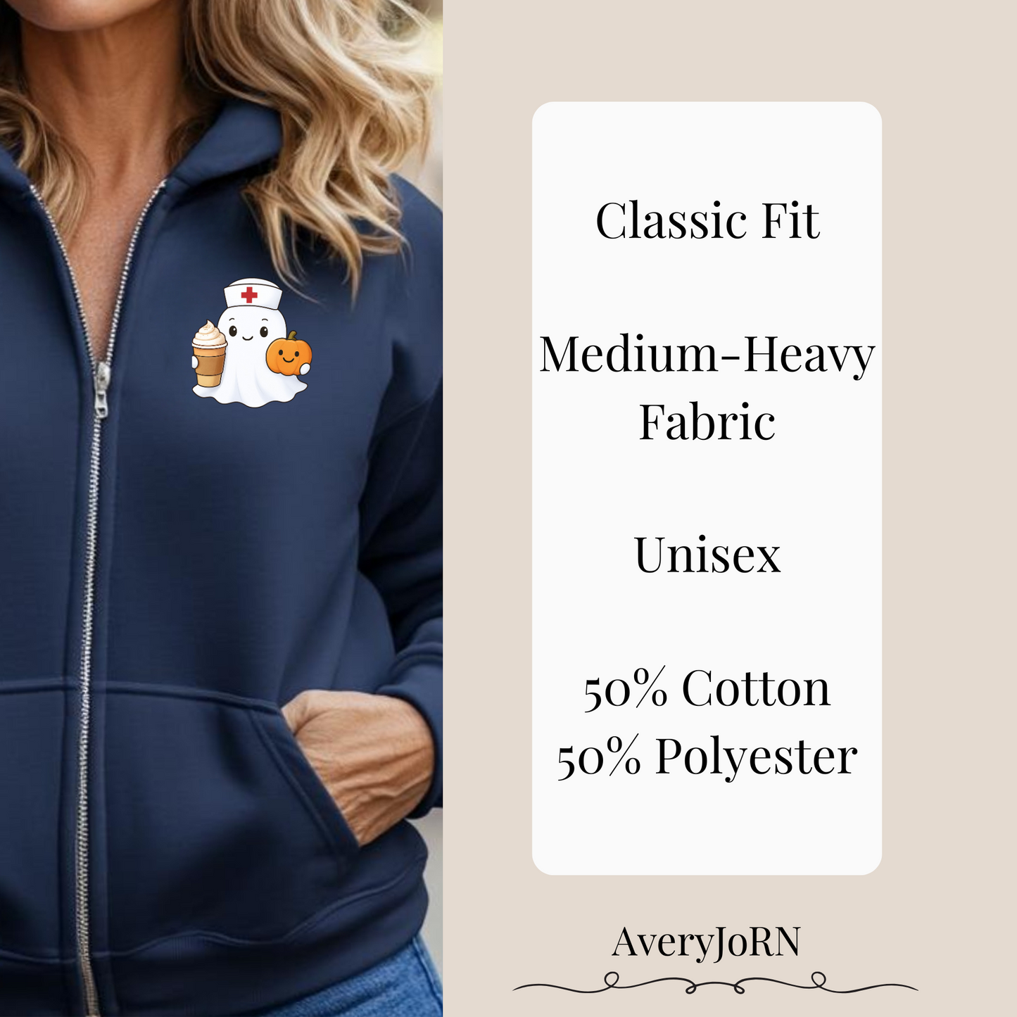 Ghost Nurse Jacket, Halloween Nurse Full Zip Sweatshirt for Fall Attire. Ideal for Nurse and Nurse Practitioner