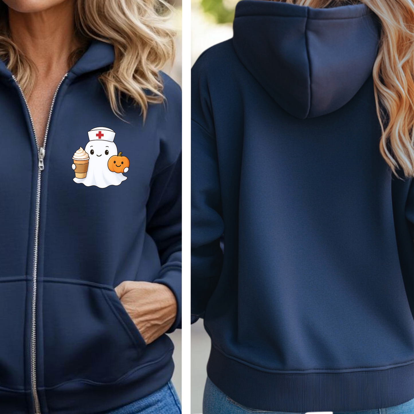 Ghost Nurse Jacket, Halloween Nurse Full Zip Sweatshirt for Fall Attire. Ideal for Nurse and Nurse Practitioner