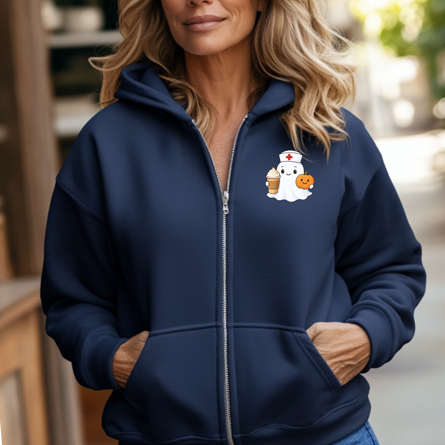 Ghost Nurse Jacket, Halloween Nurse Full Zip Sweatshirt for Fall Attire. Ideal for Nurse and Nurse Practitioner