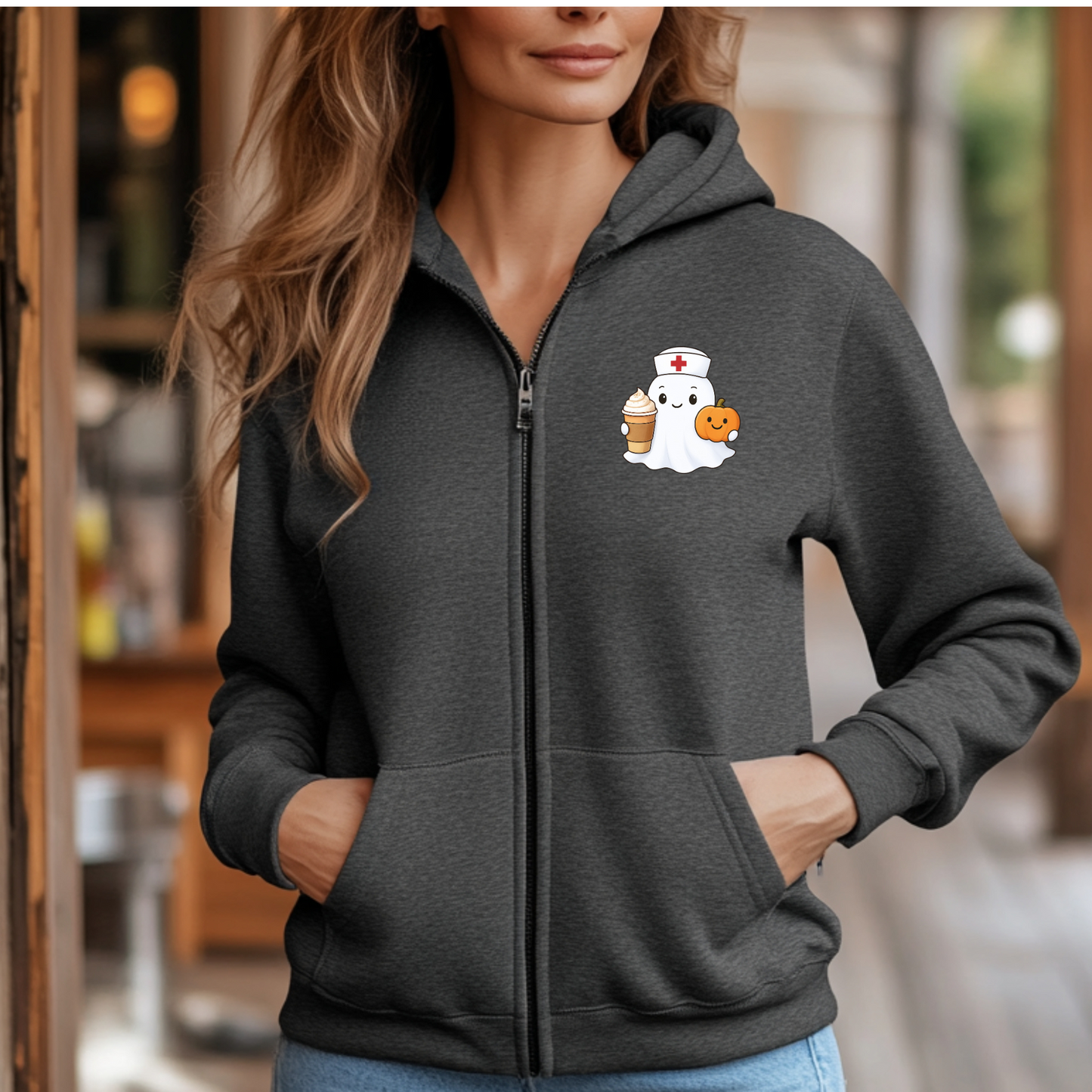 Ghost Nurse Jacket, Halloween Nurse Full Zip Sweatshirt for Fall Attire. Ideal for Nurse and Nurse Practitioner