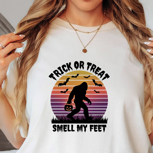 Bigfoot Trick or Treating Halloween T-shirt, Seasonal Unisex Tee, Sunset Graphic Shirt, Halloween Costume Top, Holiday Merch