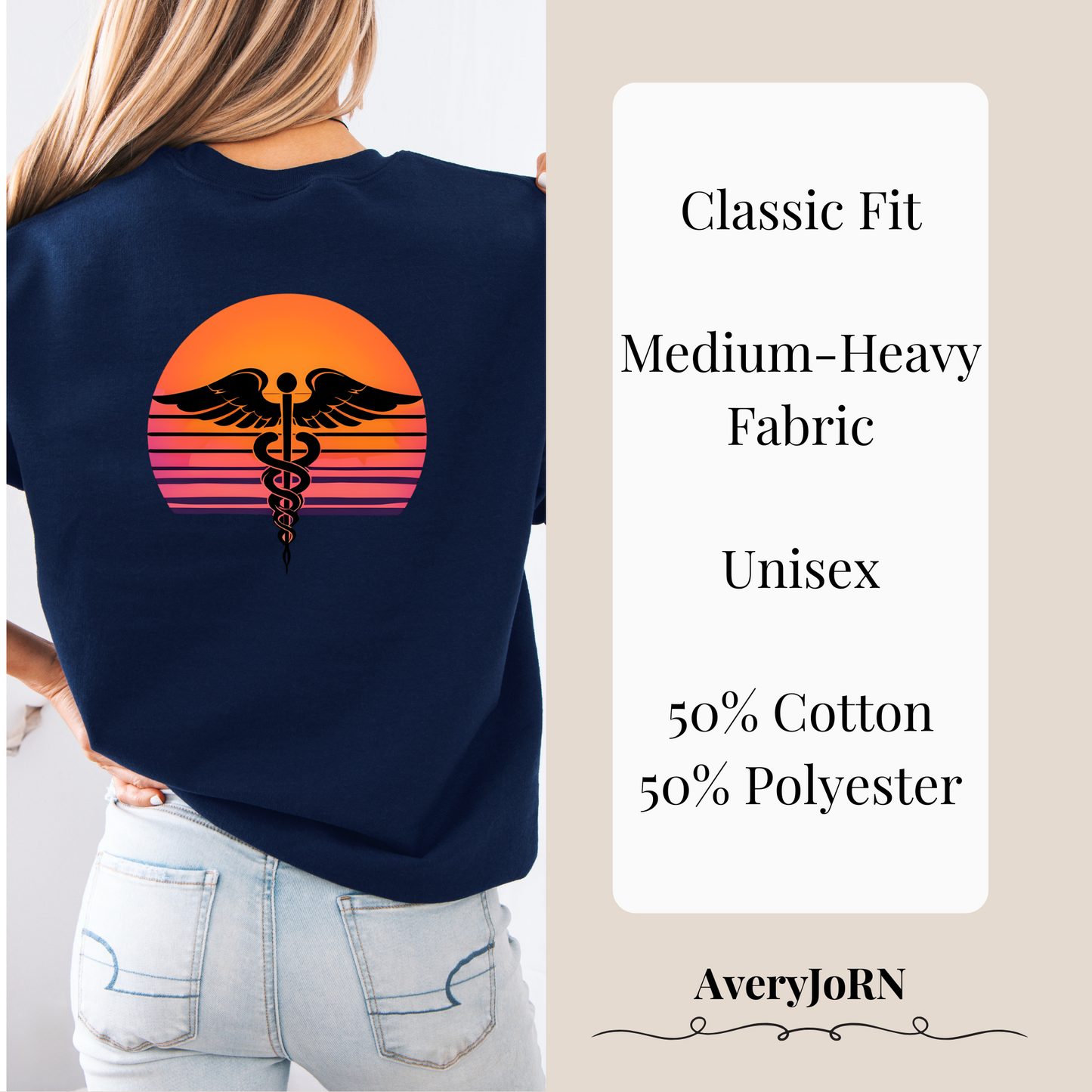 Sunset Nurse Crewneck Sweatshirt, Medical Symbol Shirt, Personalized Nursing Gift, Healthcare Worker Apparel, Unique RN Pullover