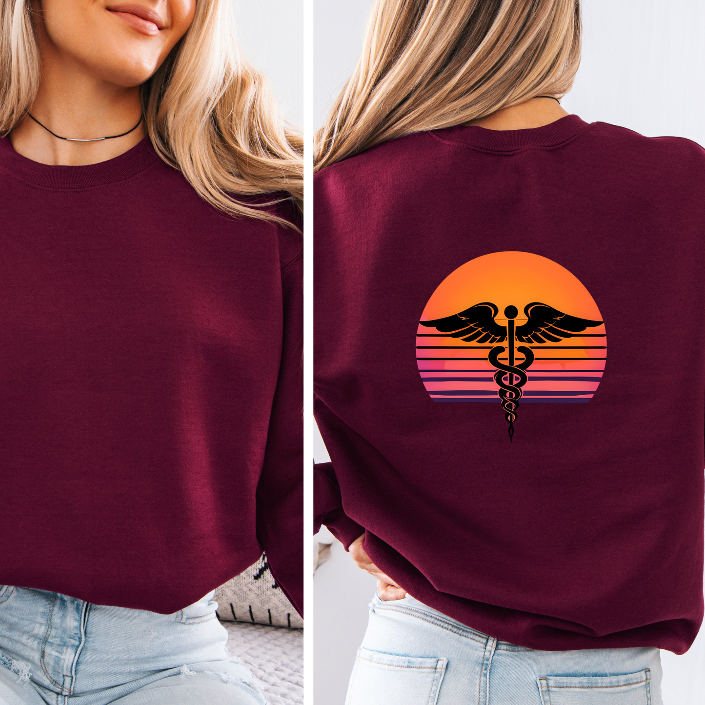 Sunset Nurse Crewneck Sweatshirt, Medical Symbol Shirt, Personalized Nursing Gift, Healthcare Worker Apparel, Unique RN Pullover
