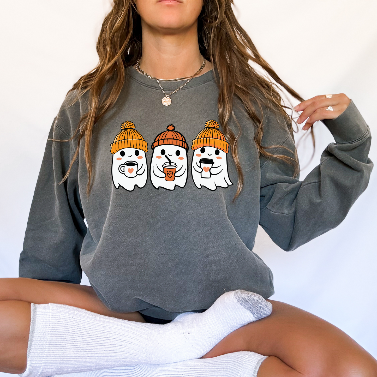 Ghost Coffee Crewneck Sweatshirt, Halloween Sweater, Fall Ghost, Cozy Sweater, Seasonal Sweatshirt