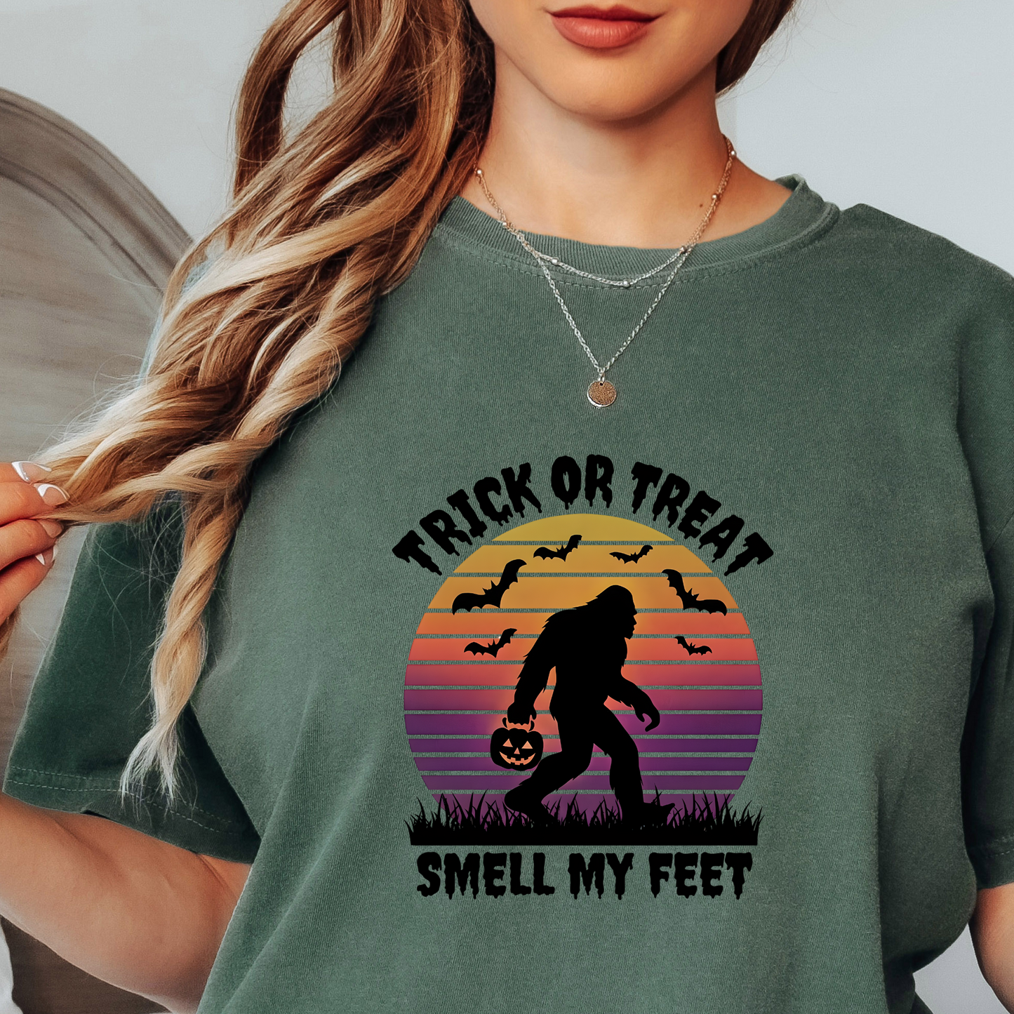 Bigfoot Trick or Treating Halloween T-shirt, Seasonal Unisex Tee, Sunset Graphic Shirt, Halloween Costume Top, Holiday Merch