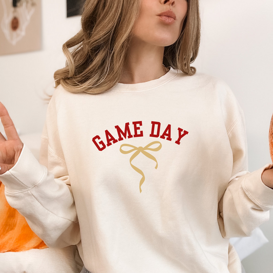 Cozy Game Day Sweatshirt with Coquette Bow, Unisex Lightweight Crewneck Sweatshirt, Team Spirit Sweater, Sports Fan Apparel, Fall Fashion