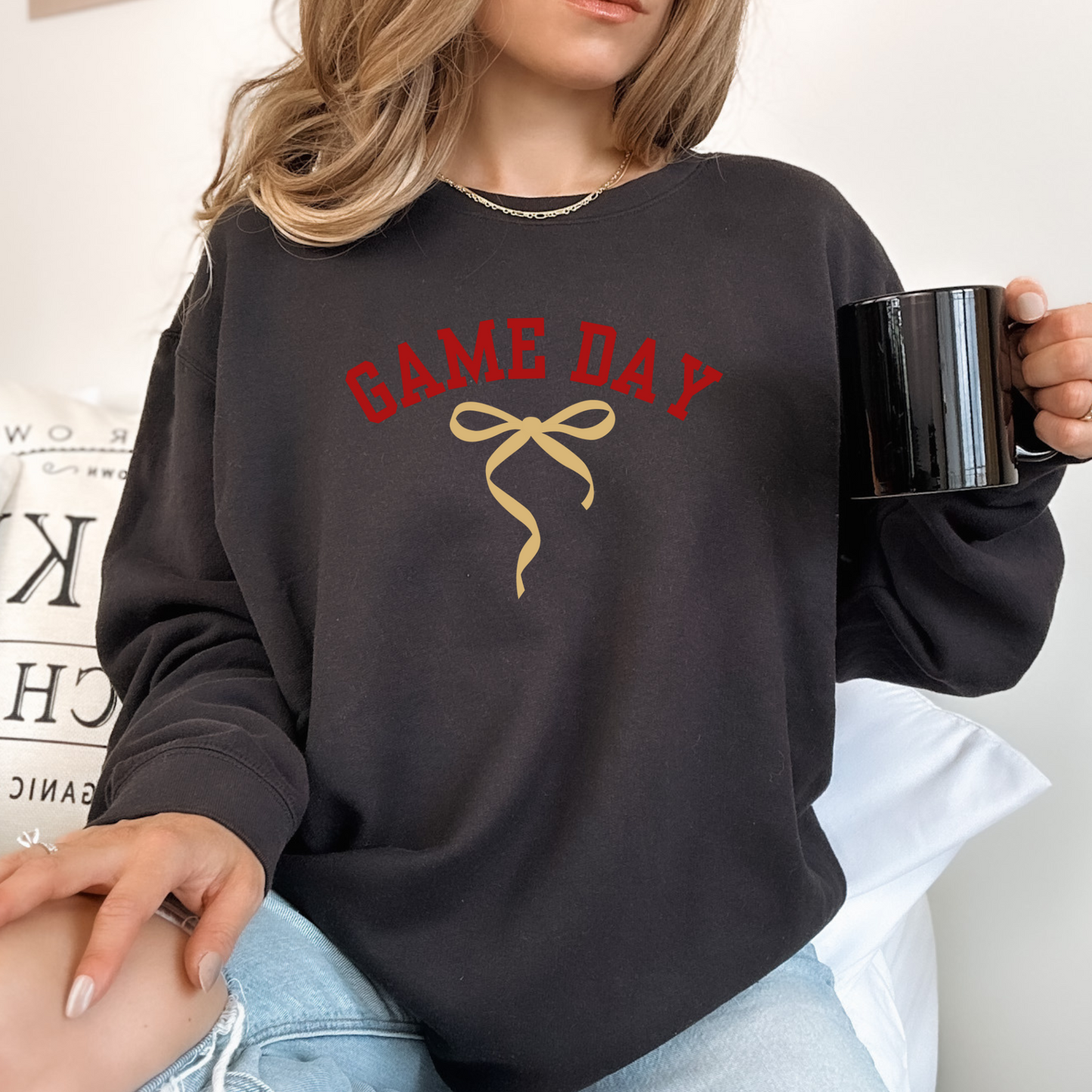 Cozy Game Day Sweatshirt with Coquette Bow, Unisex Lightweight Crewneck Sweatshirt, Team Spirit Sweater, Sports Fan Apparel, Fall Fashion