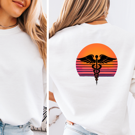 Sunset Nurse Crewneck Sweatshirt, Medical Symbol Shirt, Personalized Nursing Gift, Healthcare Worker Apparel, Unique RN Pullover