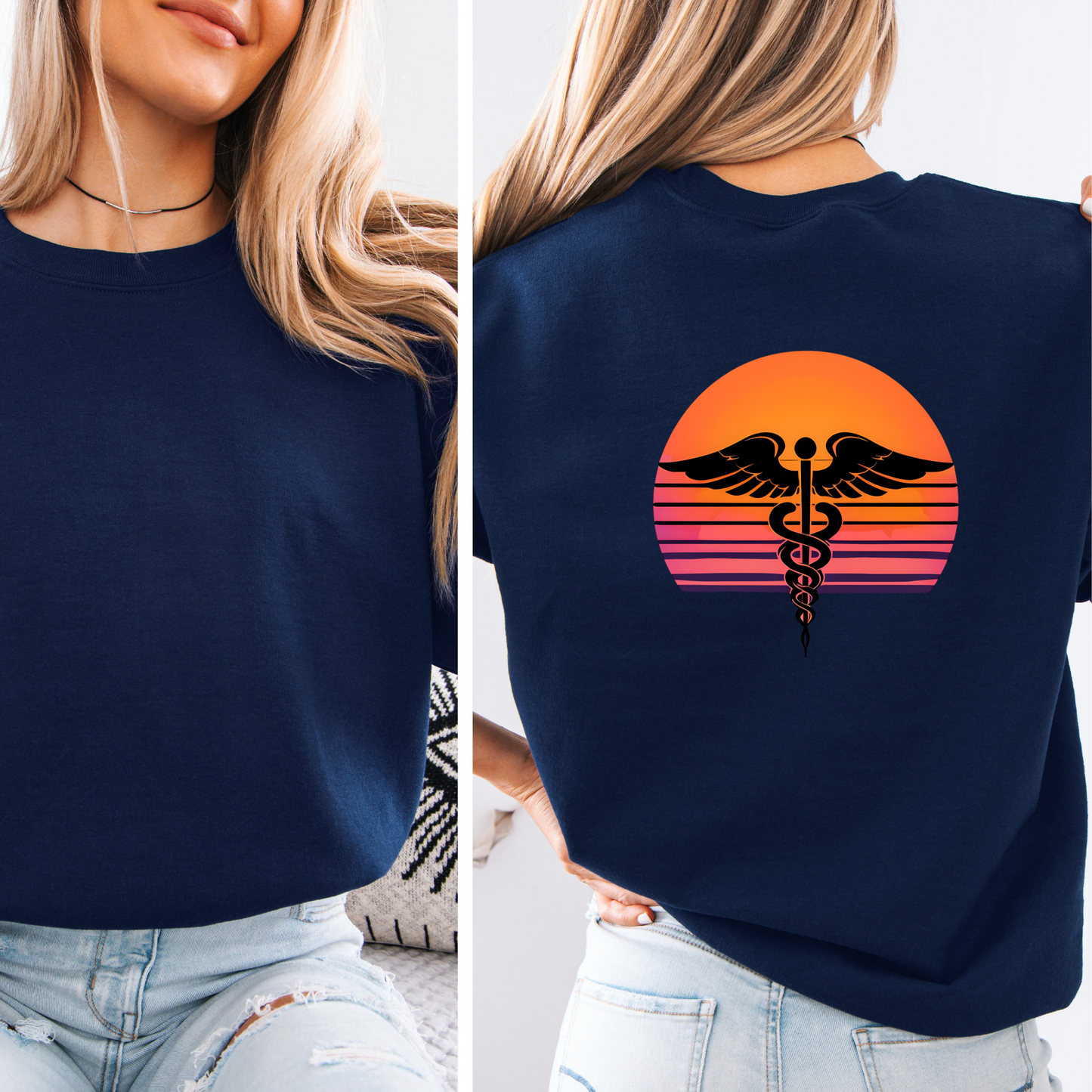 Sunset Nurse Crewneck Sweatshirt, Medical Symbol Shirt, Personalized Nursing Gift, Healthcare Worker Apparel, Unique RN Pullover