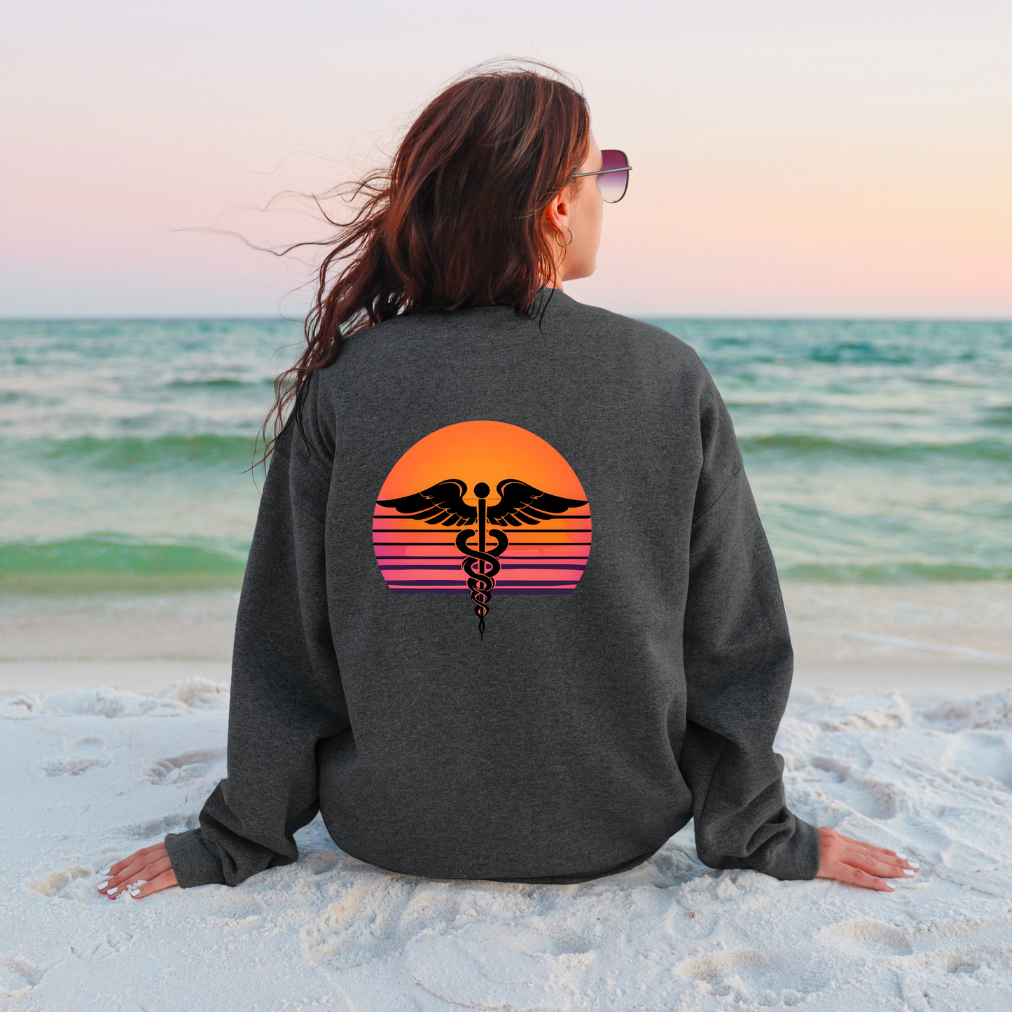Sunset Nurse Crewneck Sweatshirt, Medical Symbol Shirt, Personalized Nursing Gift, Healthcare Worker Apparel, Unique RN Pullover