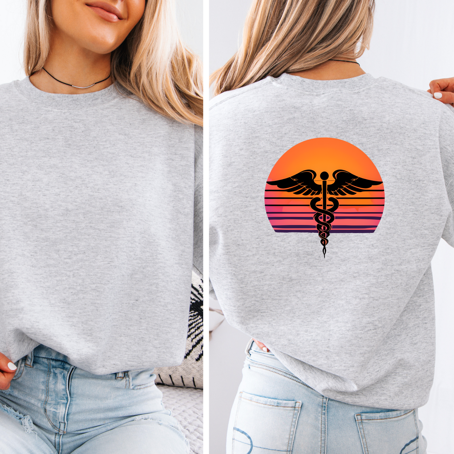 Sunset Nurse Crewneck Sweatshirt, Medical Symbol Shirt, Personalized Nursing Gift, Healthcare Worker Apparel, Unique RN Pullover